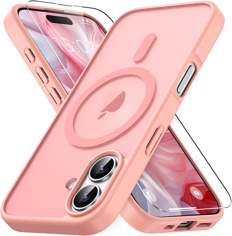 Vansdon Magnetic for iPhone 16 Case with 1 Protective Glass, Compatible with Magsafe, Military Standard Drop Protection, Translucent Matte Back Shockproof Mobile Phone Case for iPhone 16 Case Pink - Image 1