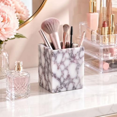 Artisanal Abode Marble Pen Holder, Natural White Marble Pencil Cup and Square Desktop Organizer for Pens, Makeup Brushes, Toothbrushes, Office Supplies, Vanity and Bathroom Counter - Image 4