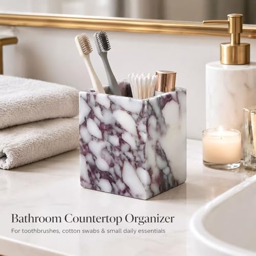Artisanal Abode Marble Pen Holder, Natural White Marble Pencil Cup and Square Desktop Organizer for Pens, Makeup Brushes, Toothbrushes, Office Supplies, Vanity and Bathroom Counter - Image 5