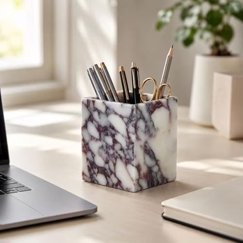 Artisanal Abode Marble Pen Holder, Natural White Marble Pencil Cup and Square Desktop Organizer for Pens, Makeup Brushes, Toothbrushes, Office Supplies, Vanity and Bathroom Counter - Image 3