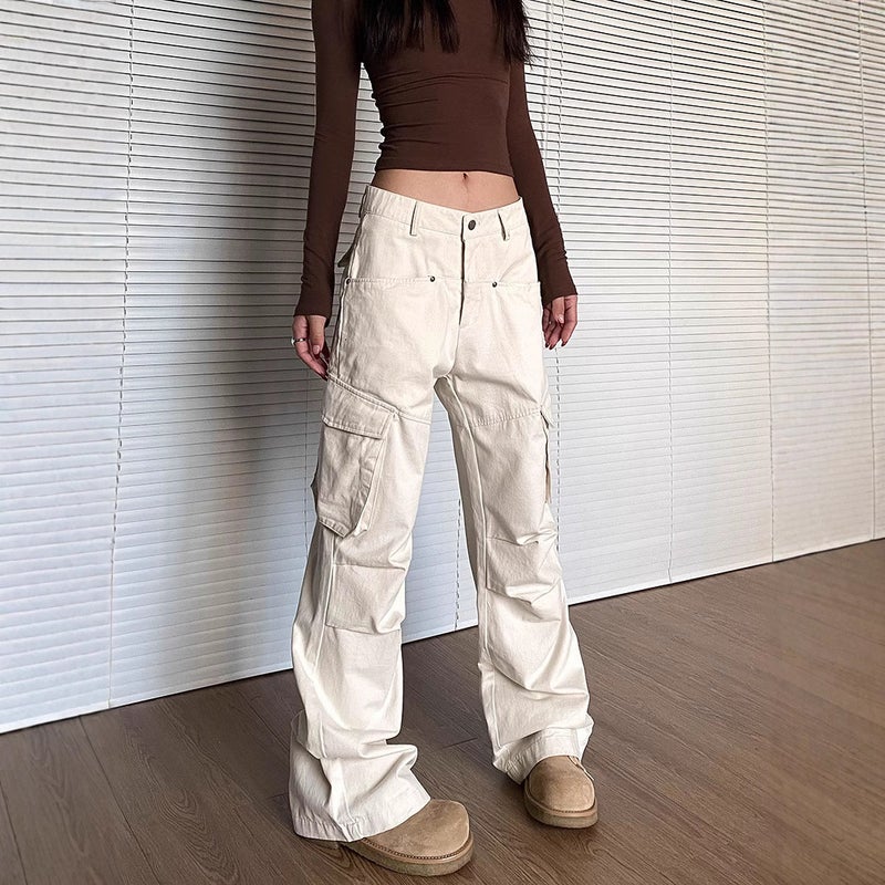 American Style Retro Multi-Pocket Workwear Casual Pants Women'S Arrival Street Loose Pleated Straight All-Match Long Pants - Image 2