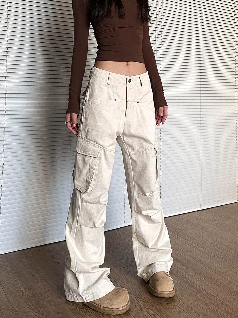 American Style Retro Multi-Pocket Workwear Casual Pants Women'S Arrival Street Loose Pleated Straight All-Match Long Pants - Image 1