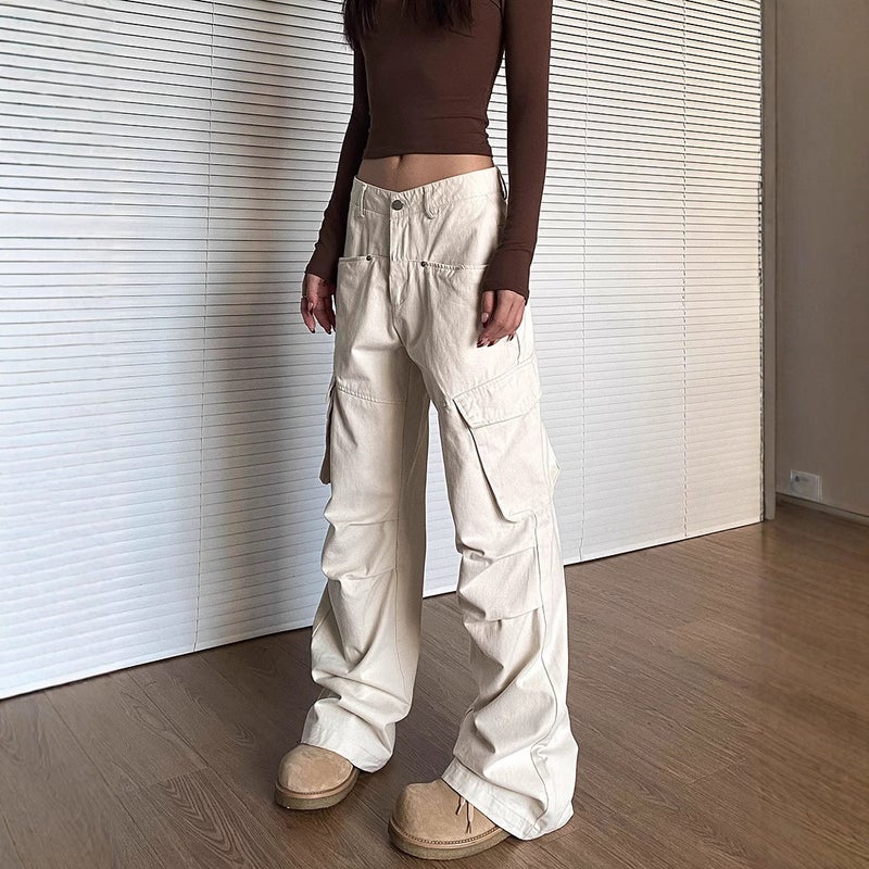 American Style Retro Multi-Pocket Workwear Casual Pants Women'S Arrival Street Loose Pleated Straight All-Match Long Pants - Image 3