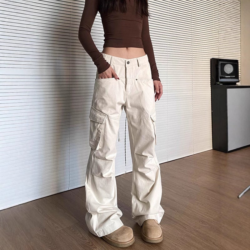 American Style Retro Multi-Pocket Workwear Casual Pants Women'S Arrival Street Loose Pleated Straight All-Match Long Pants - Image 4
