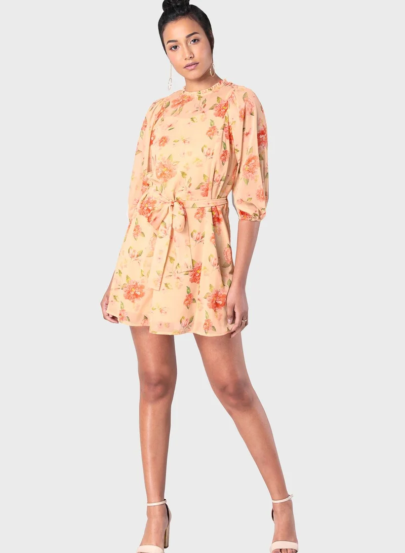 FabAlley Yellow Peach Floral Belted Shift Dress