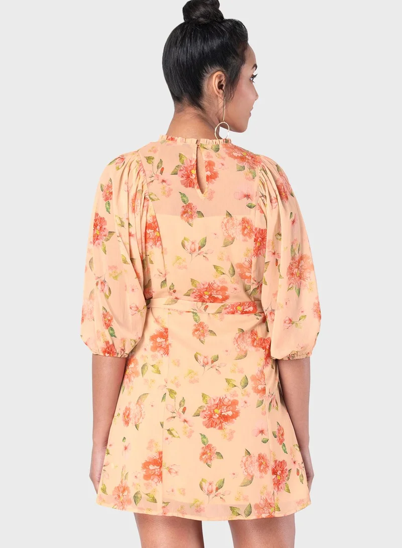 FabAlley Yellow Peach Floral Belted Shift Dress