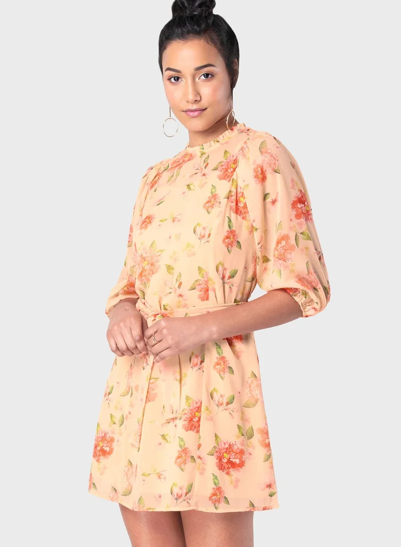 FabAlley Yellow Peach Floral Belted Shift Dress