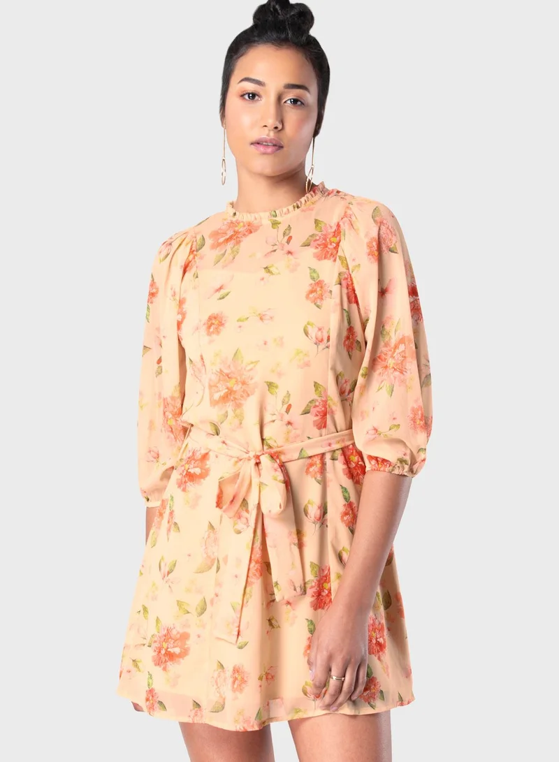FabAlley Yellow Peach Floral Belted Shift Dress