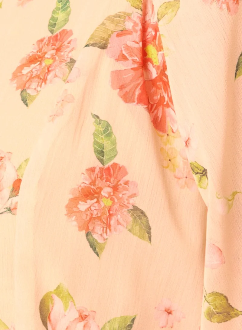 FabAlley Yellow Peach Floral Belted Shift Dress