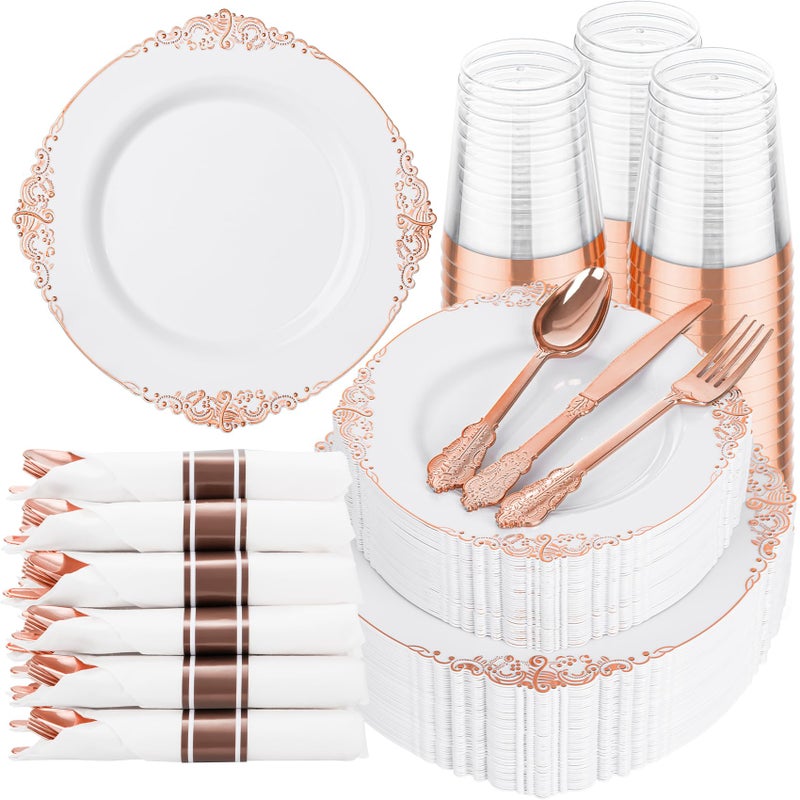 Hioasis 350pcs Rose Gold Plastic Plates Elegant Disposable Dinnerware Set Suitable for 50 Guests Include 1025 Dinner 75 Dessert Plates Pre Rolled Silverware Set Cups for Party Thanksgiving - Image 3