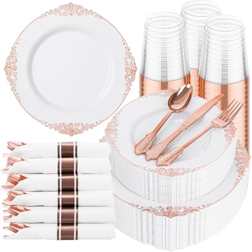 Hioasis 350pcs Rose Gold Plastic Plates Elegant Disposable Dinnerware Set Suitable for 50 Guests Include 1025 Dinner 75 Dessert Plates Pre Rolled Silverware Set Cups for Party Thanksgiving - Image 2