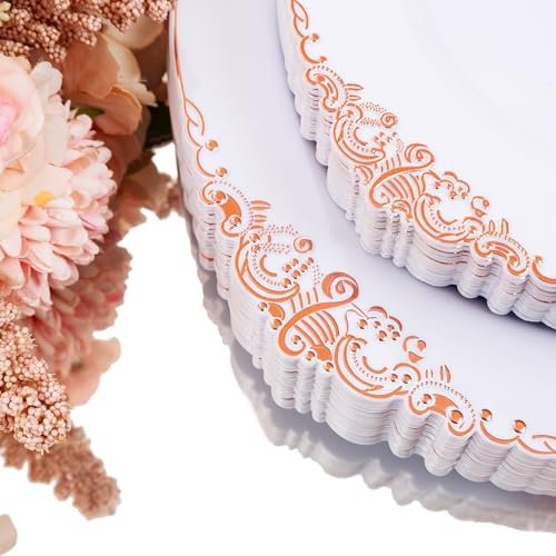 Hioasis 350pcs Rose Gold Plastic Plates Elegant Disposable Dinnerware Set Suitable for 50 Guests Include 1025 Dinner 75 Dessert Plates Pre Rolled Silverware Set Cups for Party Thanksgiving - Image 5