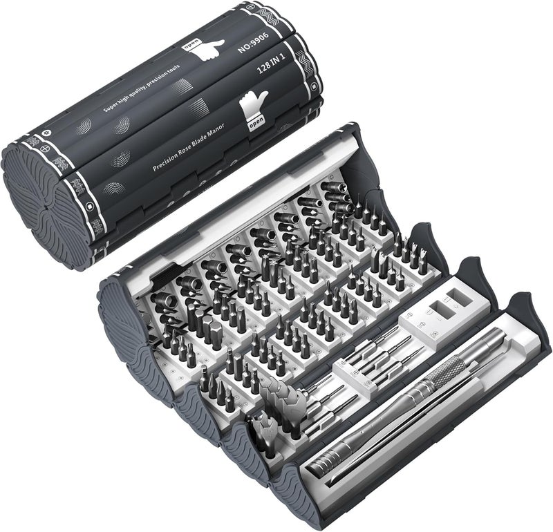 XIKKART 128 In 1 Electronics Precision Screwdriver Set,Professional Magnetic Repair Tool Kit With 122 Bits For Computer,PC,Iphone,Laptop,Game Console,Watch,Xbox,PS5,Macbook,Ring Doorbell,Grey - Image 1