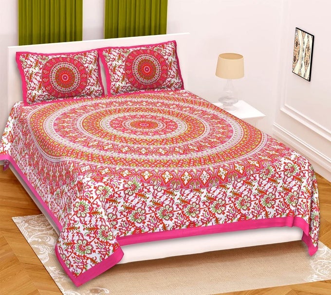 COMFORT RAJASTHANI JAIPURI TRADITIONAL SANGANERI PRINT 144 TC 100 COTTON DOUBLE BEDSHEET WITH 2 PILLOW COVERS DOUBLE PINK