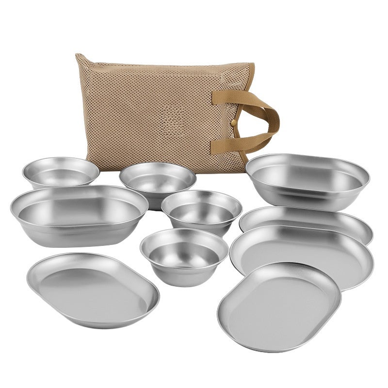 CLS outdoor 304 stainless steel plate 10 pieces suit self-driving travel portable barbecue camping household soup basin small bowl dish(304 stainless steel 8-piece dinner plate suit) - Image 5