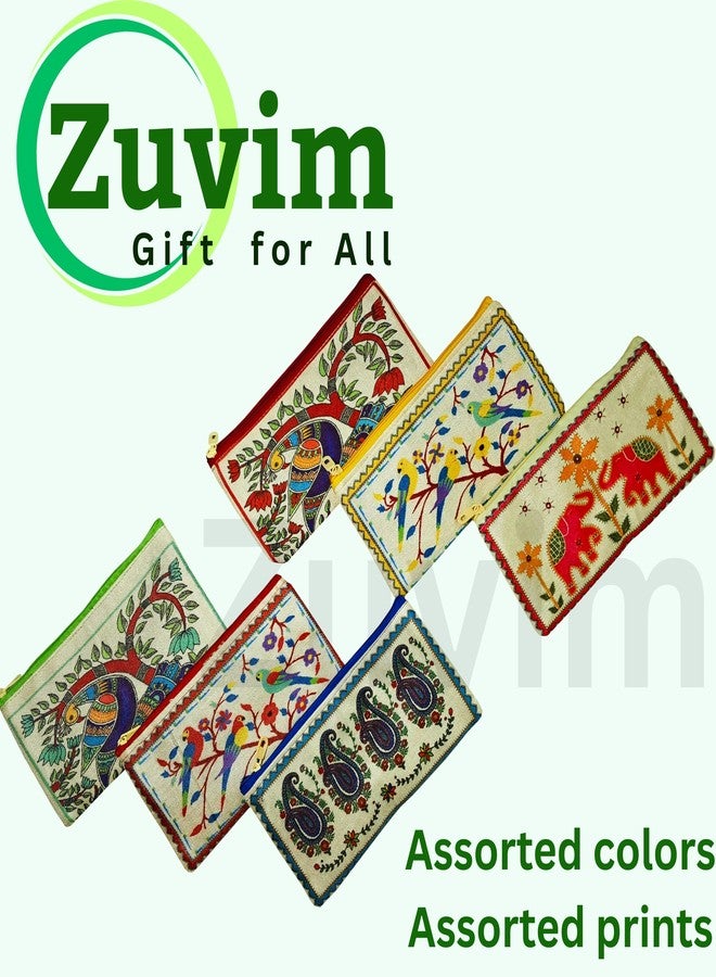 Zuvim حقائب زوفيم من الجوت للنساء، هدية تذكارية، جيب مزدوج، حقيبة بسحاب للنساء، محفظة متعددة الأغراض، مطبوعات متعددة الألوان، هدية تذكارية لحفلات الحناء والكومكوم والزفاف ومهرجان نافراتري (عبوة من 12 حقيبة) - Image 3