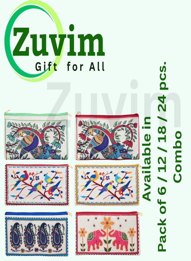 Zuvim حقائب زوفيم من الجوت للنساء، هدية تذكارية، جيب مزدوج، حقيبة بسحاب للنساء، محفظة متعددة الأغراض، مطبوعات متعددة الألوان، هدية تذكارية لحفلات الحناء والكومكوم والزفاف ومهرجان نافراتري (عبوة من 12 حقيبة) - Image 5