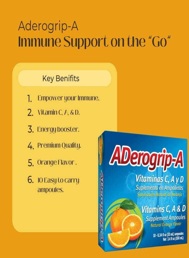 ADEROGRIP-A Aderogripa Immune Support Vitamins C, A & D | Liquid Supplement | 10 Natural Orange Flavor Ampoules | Boost Your Immune System | Box of 10 x 10ml Ampoules | Suplemento en Ampolletas - Image 2