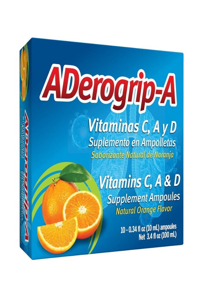 ADEROGRIP-A Aderogripa Immune Support Vitamins C, A & D | Liquid Supplement | 10 Natural Orange Flavor Ampoules | Boost Your Immune System | Box of 10 x 10ml Ampoules | Suplemento en Ampolletas - Image 1
