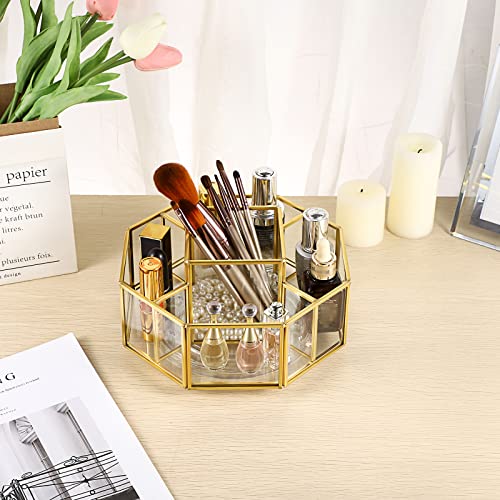 Hipiwe 360 Degree Rotating Glass Makeup Organizer 5 Slots Gold Metal Cosmetic Storage Display Holder Octagon Dresser Bathroom Spinning Vanity Organizer For Makeup Brushes Lipsticks Perfume - Image 5