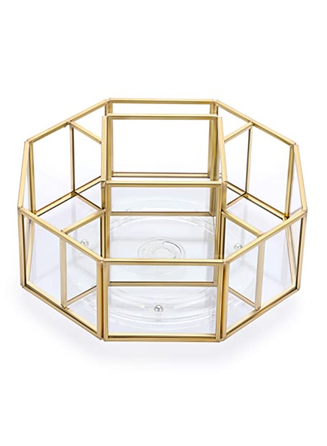 Hipiwe 360 Degree Rotating Glass Makeup Organizer 5 Slots Gold Metal Cosmetic Storage Display Holder Octagon Dresser Bathroom Spinning Vanity Organizer For Makeup Brushes Lipsticks Perfume - Image 1