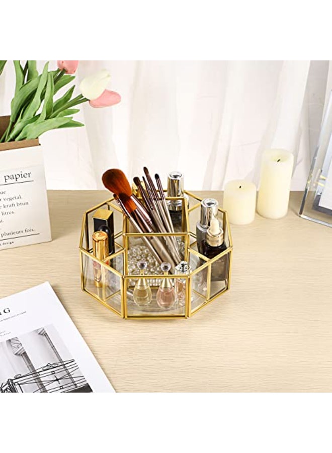 Hipiwe 360 Degree Rotating Glass Makeup Organizer 5 Slots Gold Metal Cosmetic Storage Display Holder Octagon Dresser Bathroom Spinning Vanity Organizer For Makeup Brushes Lipsticks Perfume - Image 4