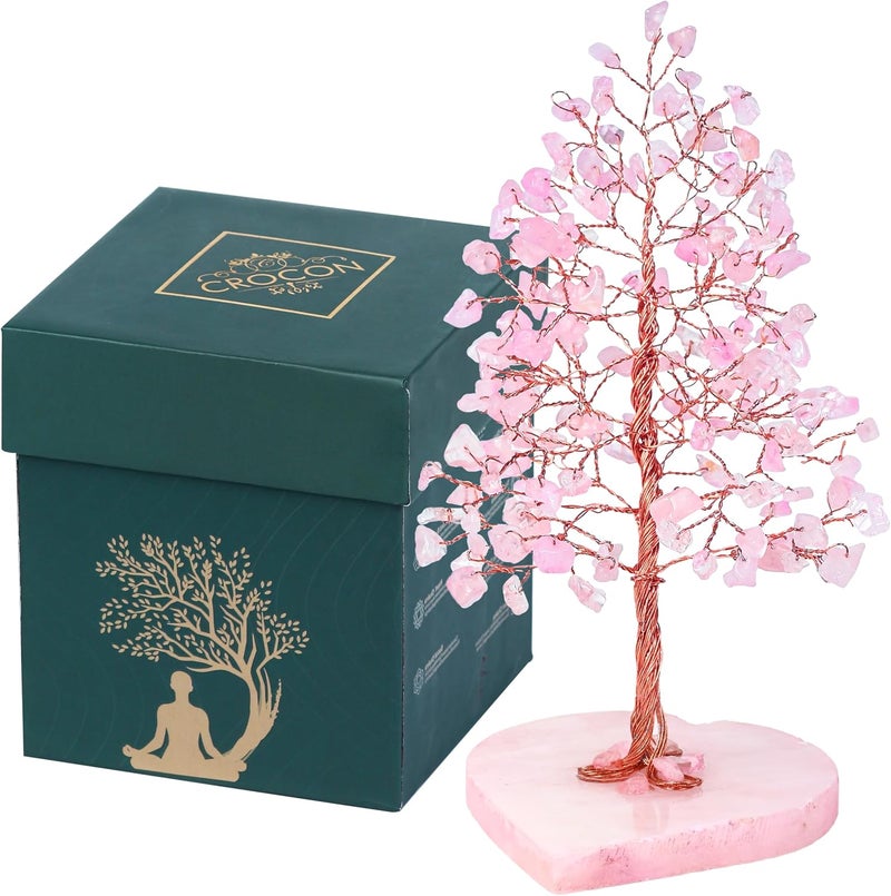 Crocon Crystals Tree Rose Quartz Healing Stones Reiki Crystals Heart Base Spiritual Meditation Energy Home Room Office Desk Decor Pink Gifts for Women Men & Mom Birthday Present - Image 1