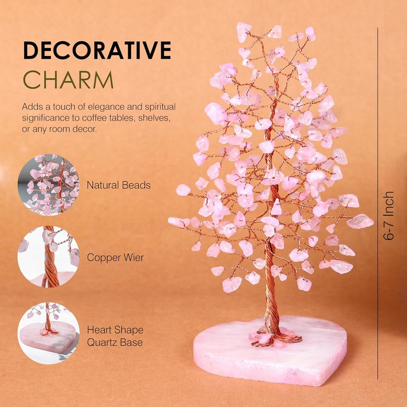 Crocon Crystals Tree Rose Quartz Healing Stones Reiki Crystals Heart Base Spiritual Meditation Energy Home Room Office Desk Decor Pink Gifts for Women Men & Mom Birthday Present - Image 3