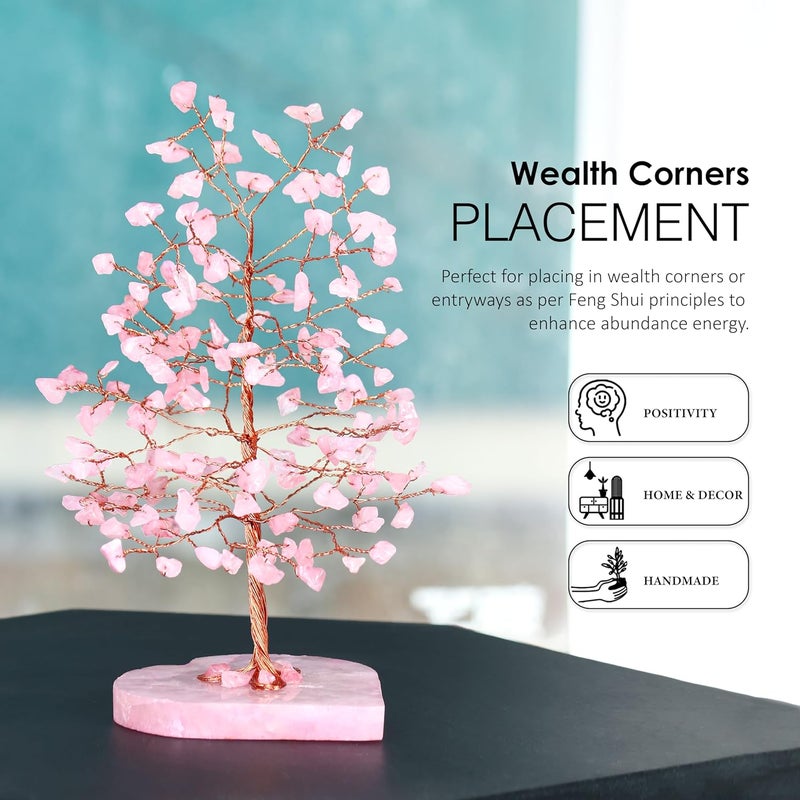 Crocon Crystals Tree Rose Quartz Healing Stones Reiki Crystals Heart Base Spiritual Meditation Energy Home Room Office Desk Decor Pink Gifts for Women Men & Mom Birthday Present - Image 4
