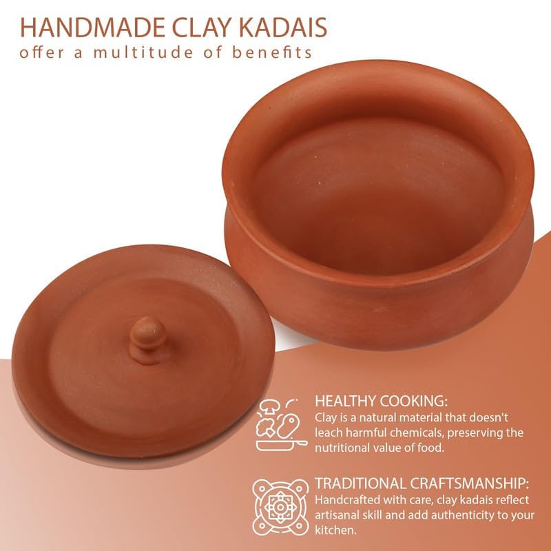 Bhanvi 1000ml Unpolished Clay Curd Pot Handi | Dahi Handi | Serving Bowl | Mud/Mitti/Terrocotta Handi | Handmade Yogurt Handi with Lid | Earthen Handi | 1000 ml Large Handi for Kitchen with Lid - Image 3