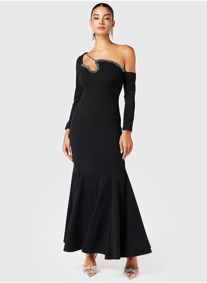 Threadz by Ajooni - Asymmetric Embellished Neck Dress - Image 1
