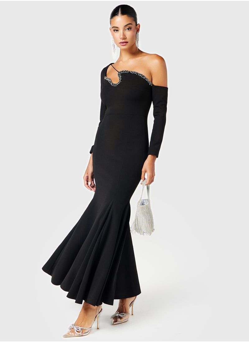 Threadz by Ajooni - Asymmetric Embellished Neck Dress - Image 1