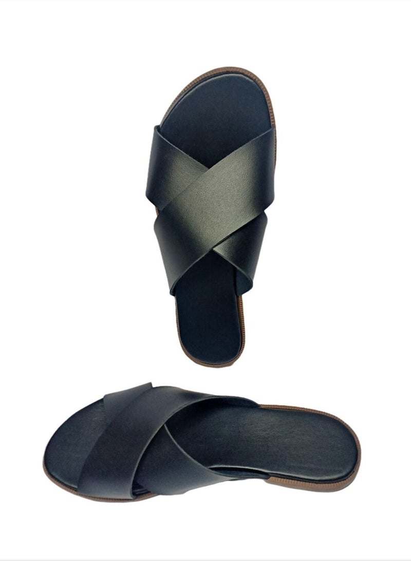Flat Leather Slippers - Comfortable Insole - For Women