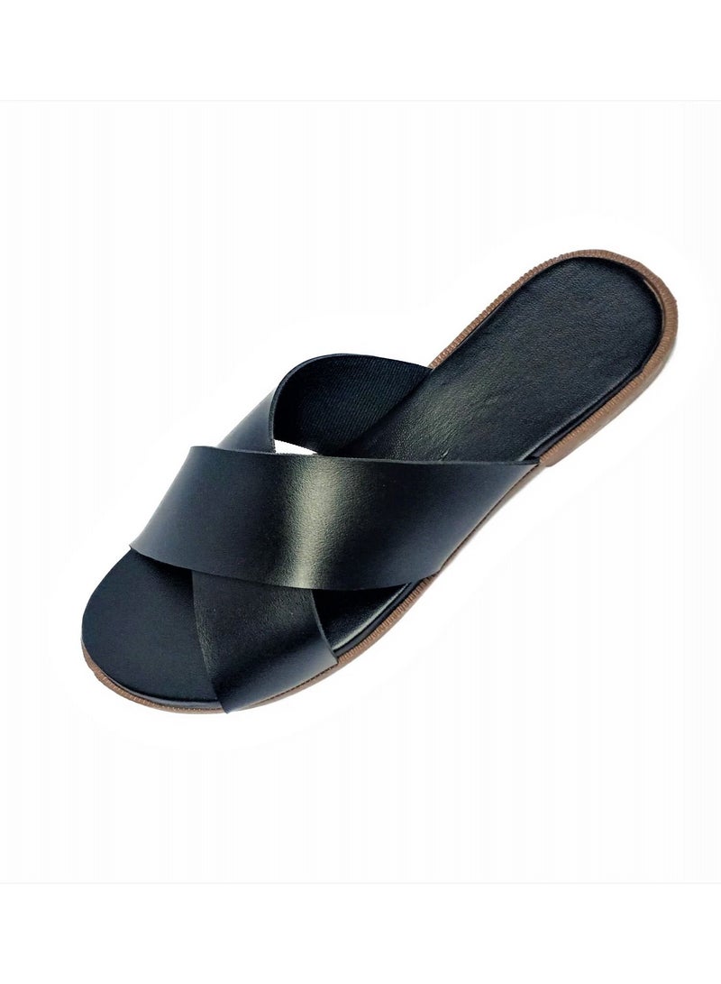 Flat Leather Slippers - Comfortable Insole - For Women