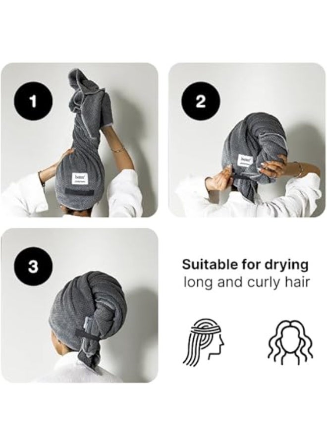 Better Microfiber Hair Bath Towel Wrap– Ultra-Absorbent Waffle Microfiber Dries Hair 50% Faster, Reduces Frizz & Breakage, Secure Fit with Elastic Strap, Lightweight & Soft - For All Hair Types (Grey) - Image 3