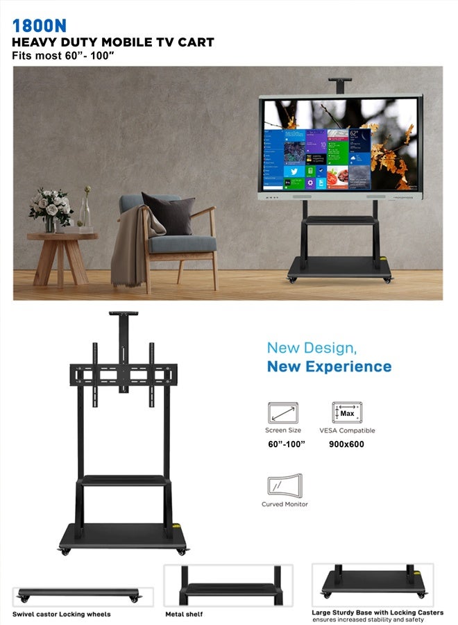 Skill Tech SH 1800N Economy Mobile TV Stand for 60–100 Inch Screens, VESA 900x600mm, Max Load Capacity 100kg – Heavy Duty Height Adjustable Rolling TV Cart silver - Image 3