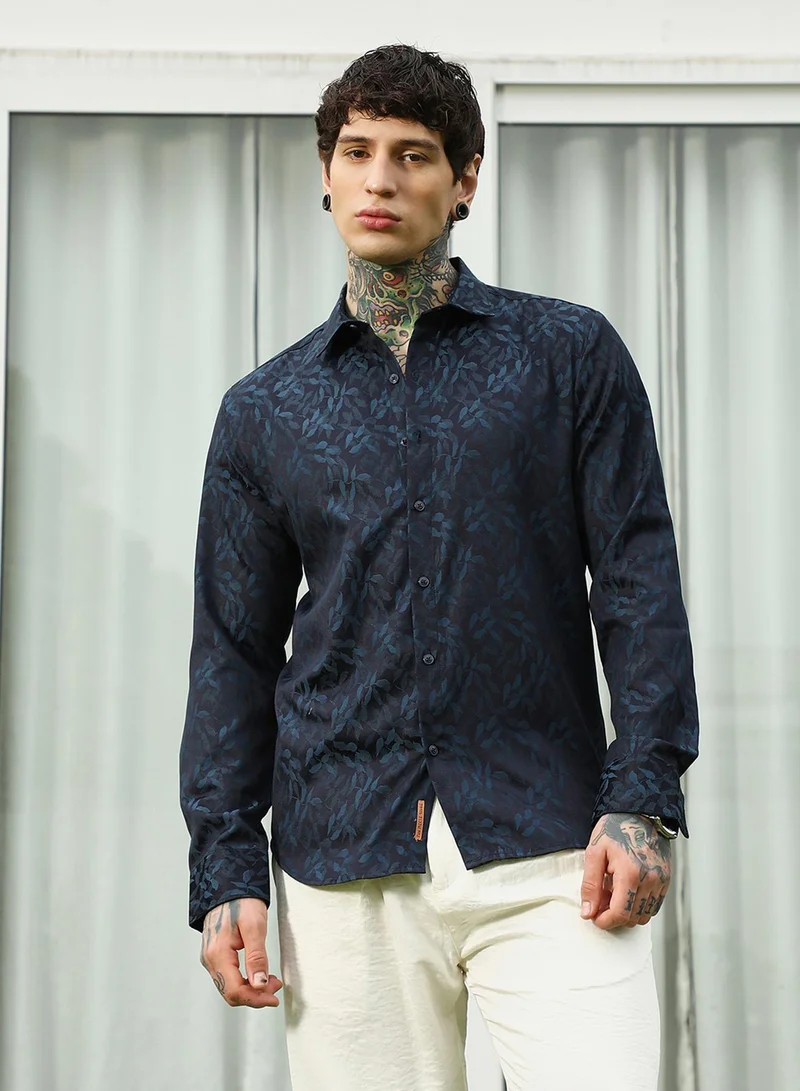 Campus Sutra Men's Navy Blue Leaf Pattern Slim Fit Shirt