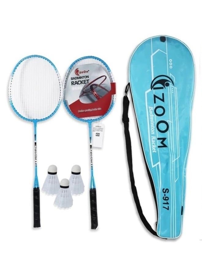 FRATELLI Aluminium Badminton Racket with 3 Pieces Shuttles with Full-Cover Set (917, 2 Pieces, Blue ) - Image 1