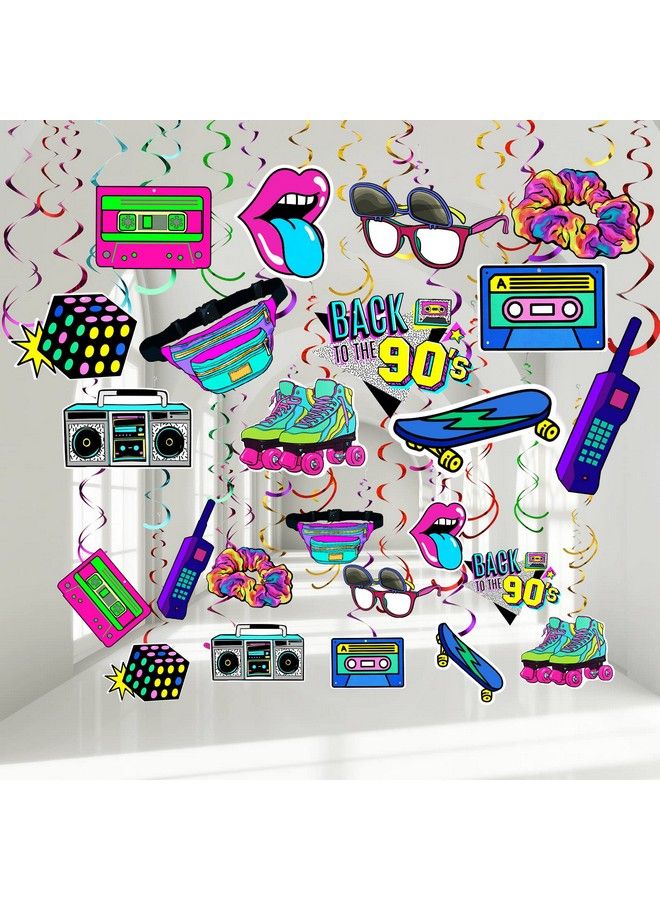 Chinco مجموعة ديكورات حفلات بطابع التسعينيات مكونة من 48 قطعة من زخارف حفلات التسعينات ذات الدوامات المعلقة الملونة لحفلات أعياد الميلاد وحفلات الهيب هوب والتسعينات وزخارف السقف لحفلات الهيب هوب والروك أند رول والديسكو والتسعينات - Image 2