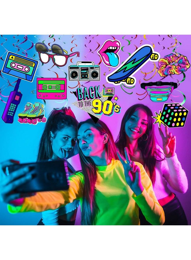 Chinco مجموعة ديكورات حفلات بطابع التسعينيات مكونة من 48 قطعة من زخارف حفلات التسعينات ذات الدوامات المعلقة الملونة لحفلات أعياد الميلاد وحفلات الهيب هوب والتسعينات وزخارف السقف لحفلات الهيب هوب والروك أند رول والديسكو والتسعينات - Image 3