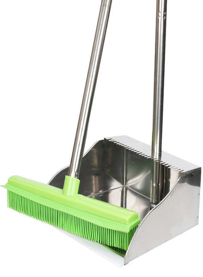 CHANHOO Rubber Broom and Dustpan Set,Pet Hair Removal Rubber Broom with Squeegee and Stainless Steel Dust Pan,Carpet Rake Push Broom and Dustpan for Fluff Hardwood Floor Tile (Green) - Image 1