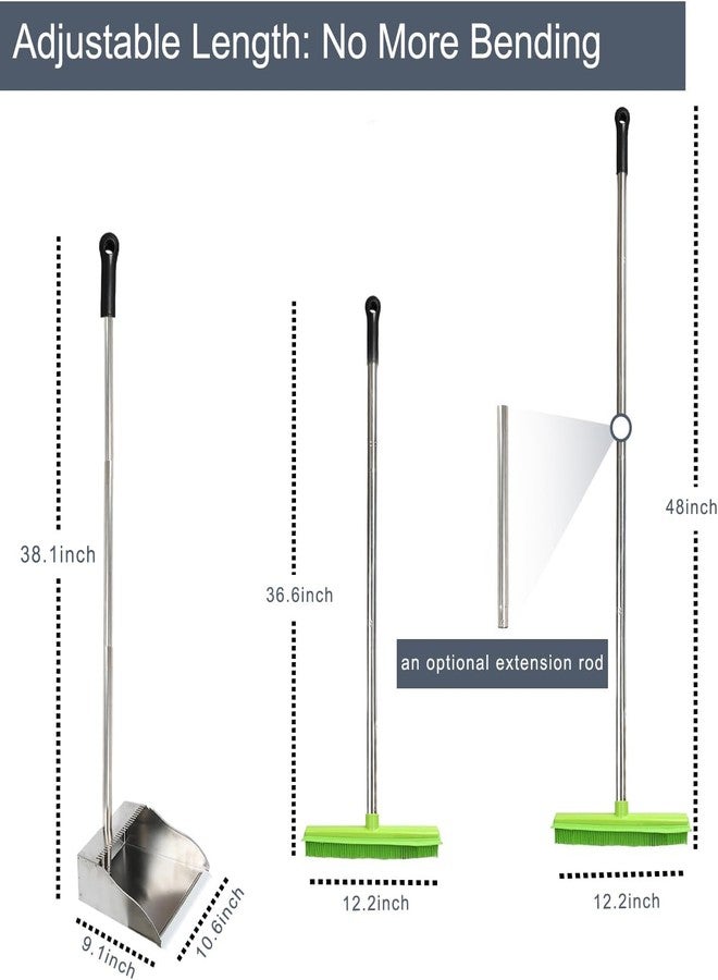 CHANHOO Rubber Broom and Dustpan Set,Pet Hair Removal Rubber Broom with Squeegee and Stainless Steel Dust Pan,Carpet Rake Push Broom and Dustpan for Fluff Hardwood Floor Tile (Green) - Image 4