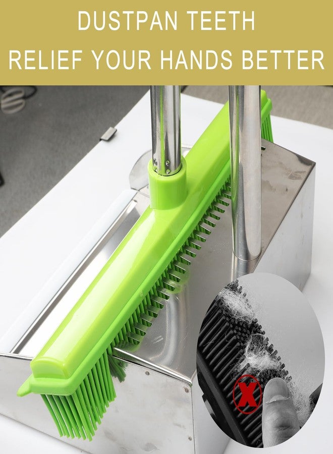 CHANHOO Rubber Broom and Dustpan Set,Pet Hair Removal Rubber Broom with Squeegee and Stainless Steel Dust Pan,Carpet Rake Push Broom and Dustpan for Fluff Hardwood Floor Tile (Green) - Image 3