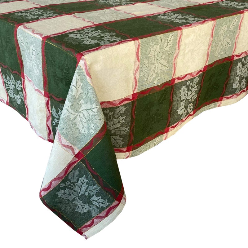 Lintex Golden Mistletoe and Ribbon Cotton Jacquard Christmas Fabric Tablecloth  Evergreen  Red Ribbon and Berry Woven Holiday and Xmas Easy Care Cotton Weave Tablecloth  60  x 84  Oblong/Rectangle - Image 5