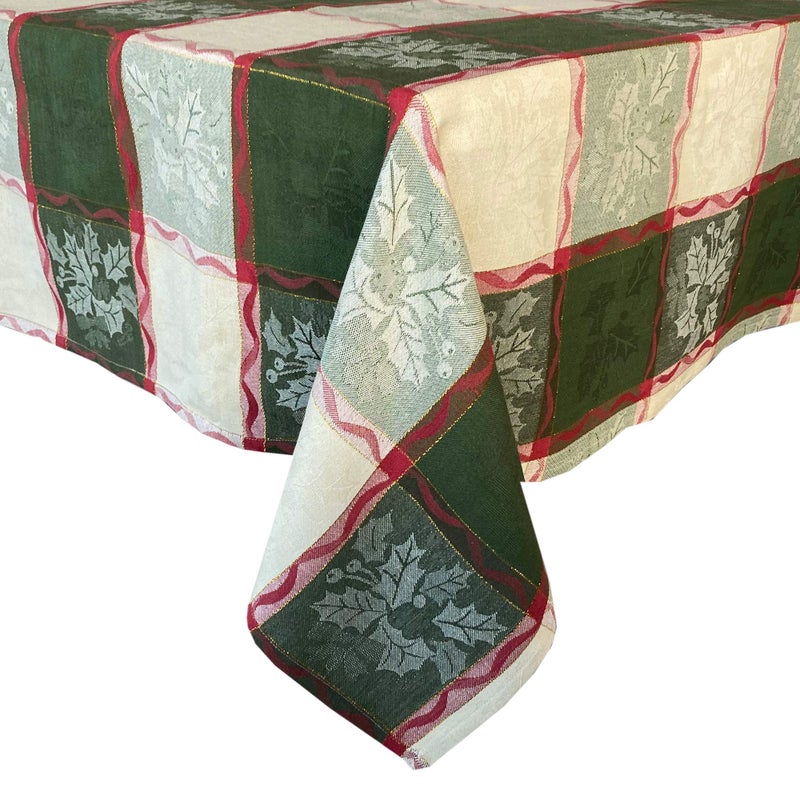 Lintex Golden Mistletoe and Ribbon Cotton Jacquard Christmas Fabric Tablecloth  Evergreen  Red Ribbon and Berry Woven Holiday and Xmas Easy Care Cotton Weave Tablecloth  60  x 84  Oblong/Rectangle - Image 1