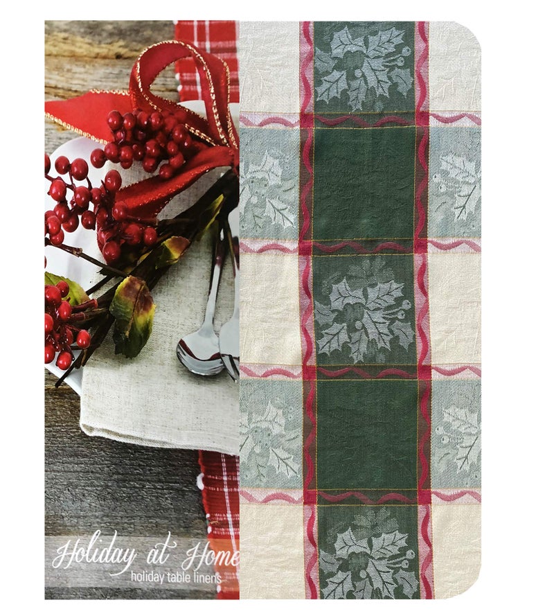 Lintex Golden Mistletoe and Ribbon Cotton Jacquard Christmas Fabric Tablecloth  Evergreen  Red Ribbon and Berry Woven Holiday and Xmas Easy Care Cotton Weave Tablecloth  60  x 84  Oblong/Rectangle - Image 2