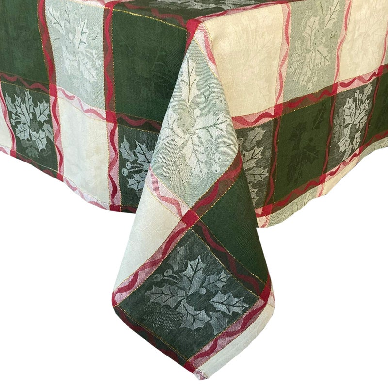 Lintex Golden Mistletoe and Ribbon Cotton Jacquard Christmas Fabric Tablecloth  Evergreen  Red Ribbon and Berry Woven Holiday and Xmas Easy Care Cotton Weave Tablecloth  60  x 84  Oblong/Rectangle - Image 3