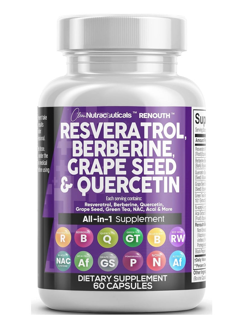 كلين نيوتراسيوتيكالز ريسفيراترول 6000 ملغ بربارين 3000 ملغ مستخلص بذور العنب 3000 ملغ كيرسيتين 4000 ملغ مستخلص الشاي الأخضر 60 كبسولة