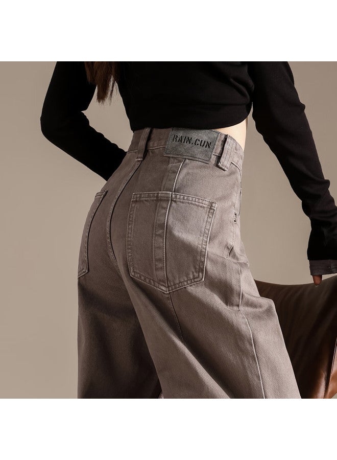 Rain.cun Vintage American-style Gray Loose Straight-leg Jeans For Women, Autumn And Winter New Style, High-end Feel, Wide-leg Floor-length Pants - Image 5