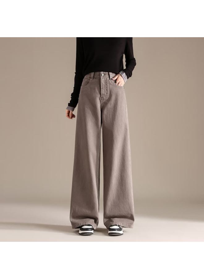 Rain.cun Vintage American-style Gray Loose Straight-leg Jeans For Women, Autumn And Winter New Style, High-end Feel, Wide-leg Floor-length Pants - Image 1